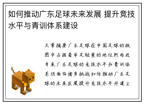 如何推动广东足球未来发展 提升竞技水平与青训体系建设